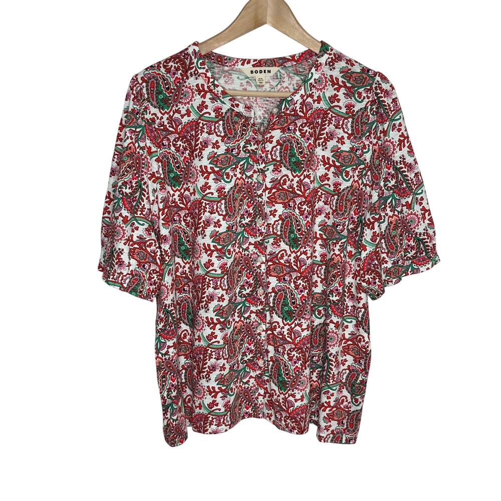 Boden Isla Jersey Top Womens 16 18 Red Paisley Floral Cotton Blend Boho